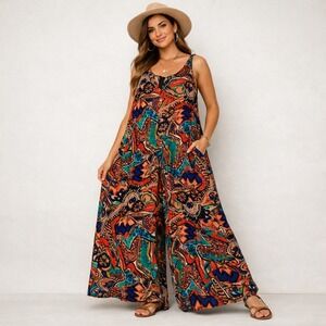 SHEIN CURVE 1XL Boho Paisley‎ Print Wide Leg Jumpsuit Sleeveless Gypsy Artsy